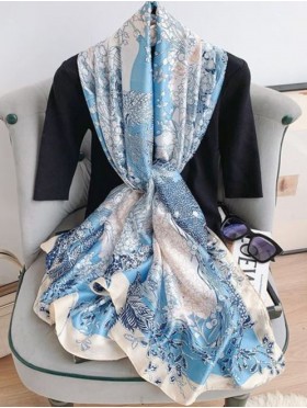 Premium Silk Feeling Light Blue Floral Scarf